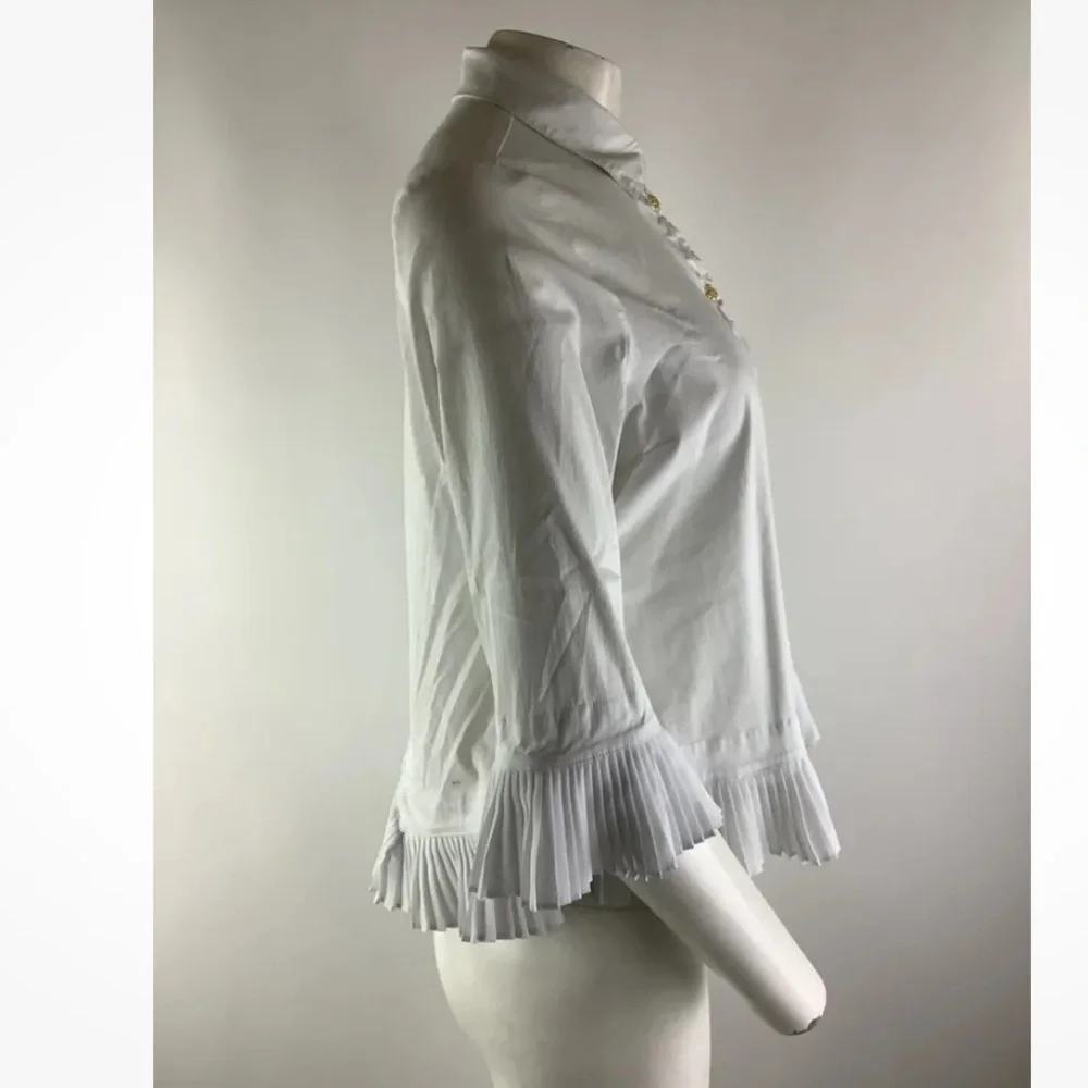 IC By Connie K Sz M Pleated Trim Button Blouse White Cotton Spandex Collared - Picture 3 of 6